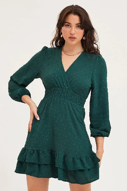 Crimson Summer Mini Dresses -Green Skater Dress Long Sleeve Mini Knit