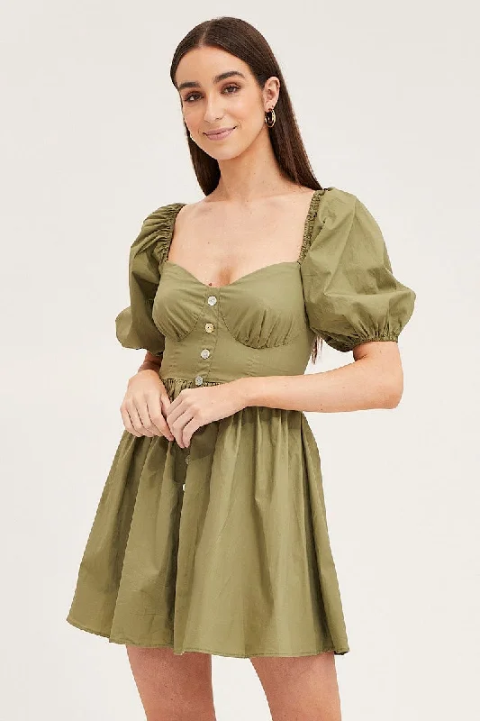 Cyan Organza Social Mini Dresses -Green Skater Dress Puff Sleeve Mini Sweet Heart Neck