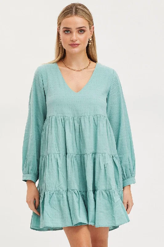 Platinum Social Mini Dresses -Green Smock Dress Long Sleeve Mini