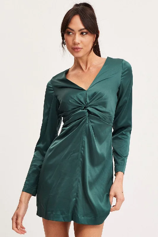 Open Back Warm Weather Mini Dresses -Green Twist Front Dress Long Sleeve Mini