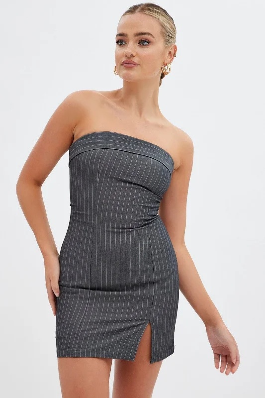 Tube Burgundy Mini Dresses -Grey Stripe Bodycon Dress Strapless Boob Tube Mini