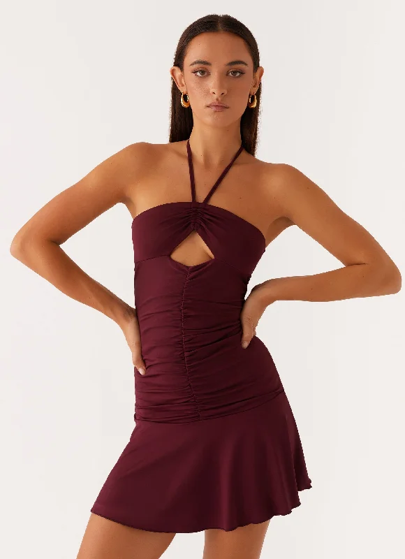 Neck Tie Taupe Mini Dresses -Katrina Halterneck Mini Dress - Deep Maroon