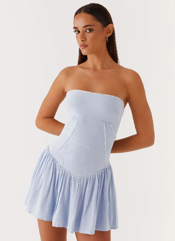 Suede Mini Dresses -Larnie Linen Mini Dress - Blue