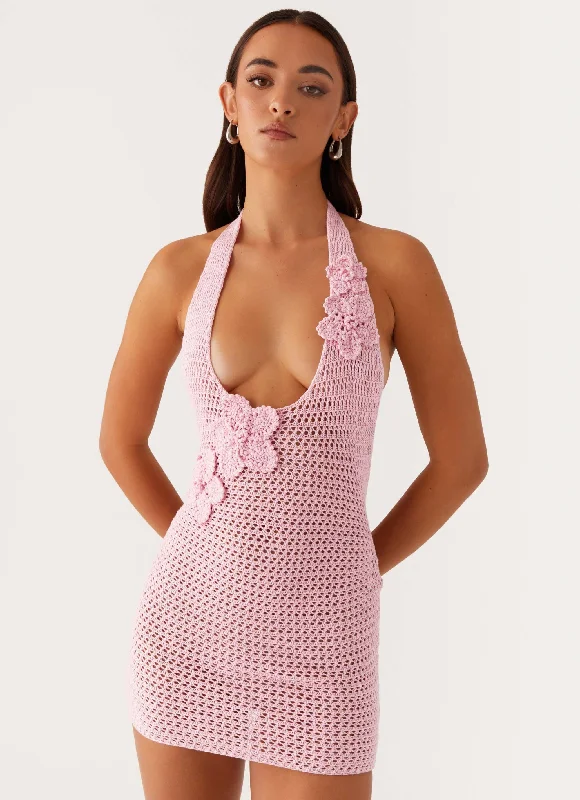 Metallic Mini Dresses -Luciana Crochet Halterneck Mini Dress - Pink