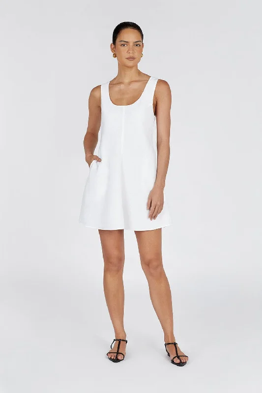 Flirty Lounge Mini Dresses -MONICA WHITE LINEN SCOOP MINI DRESS