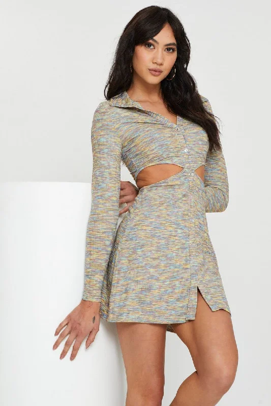 Relaxed Warm Weather Mini Dresses -Multi Mini Dress Long Sleeve