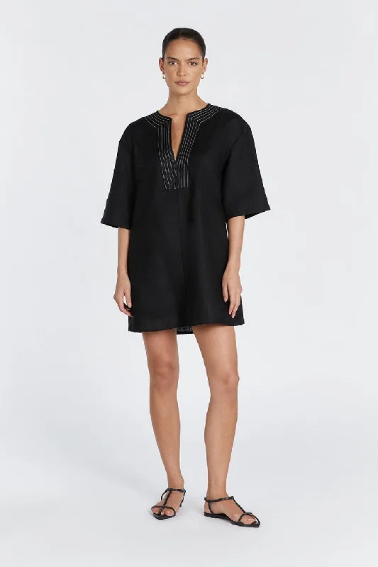 Loose Sapphire Mini Dresses -NALA BLACK LINEN MINI SMOCK DRESS