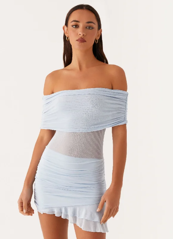 Metallic Glitter Nightlife Mini Dresses -Nelly Off Shoulder Mini Dress - Blue