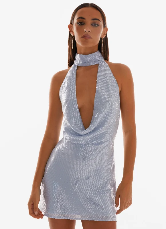 Abstract Mini Dresses -Nora Sequin Cowl Neck Mini Dress - Blue