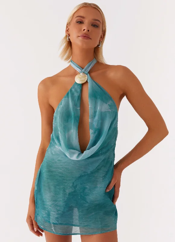 Gathered Mini Dresses -Oceans Away Deep Cowl Mini Dress - Green Tie Dye