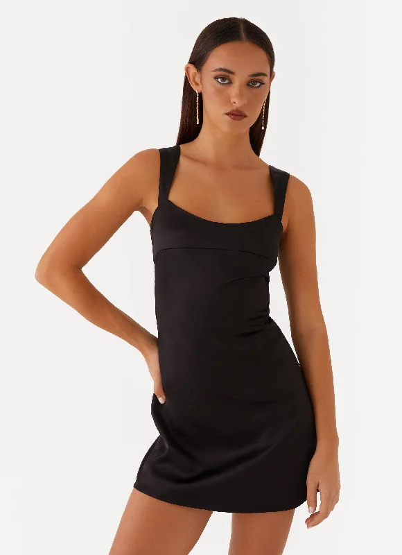 Stitched Dance Mini Dresses -Odette Satin Mini Dress - Black