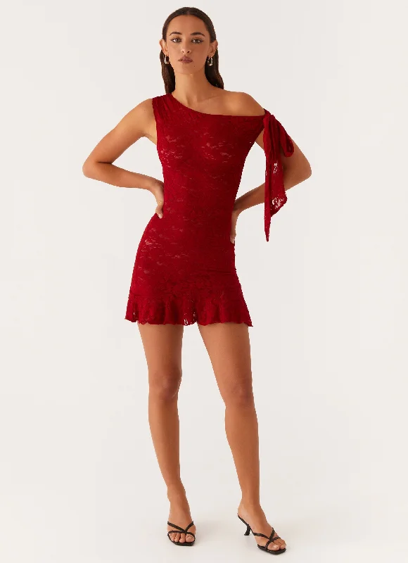 Sage Single Shoulder Lounge Mini Dresses -Palm House Lace Mini Dress - Red