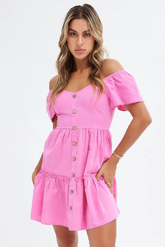 Classic Mini Dresses -Pink Button Front Mini Swing Dress