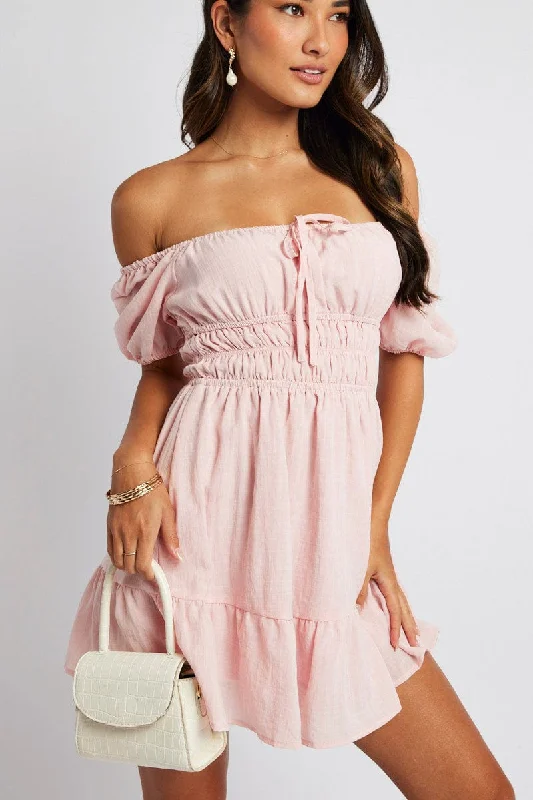 Wool Mini Dresses -Pink Fit And Flare Dress Puff Sleeve Mini