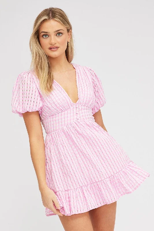 Neck Tie Mini Dresses -Pink Fit And Flare Dress Puff Sleeve Mini