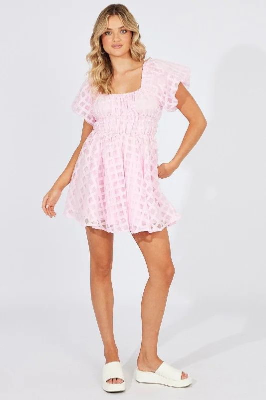 Aqua Gathered Nightlife Mini Dresses -Pink Fit And Flare Dress Puff Sleeve Mini