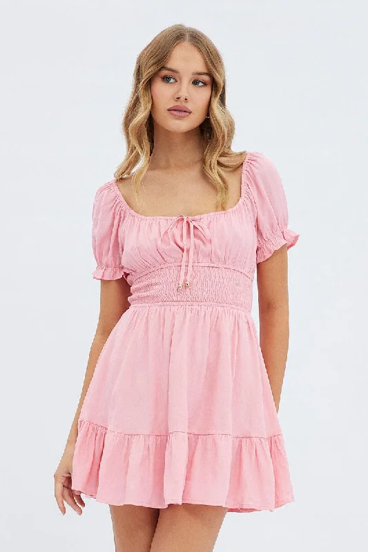 Platinum Suede Mini Dresses -Pink Fit And Flare Dress Short Sleeve Mini