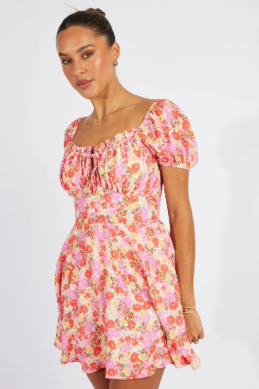 Tube Slate Mini Dresses -Pink Floral Fit And Flare Dress Puff Sleeve Mini