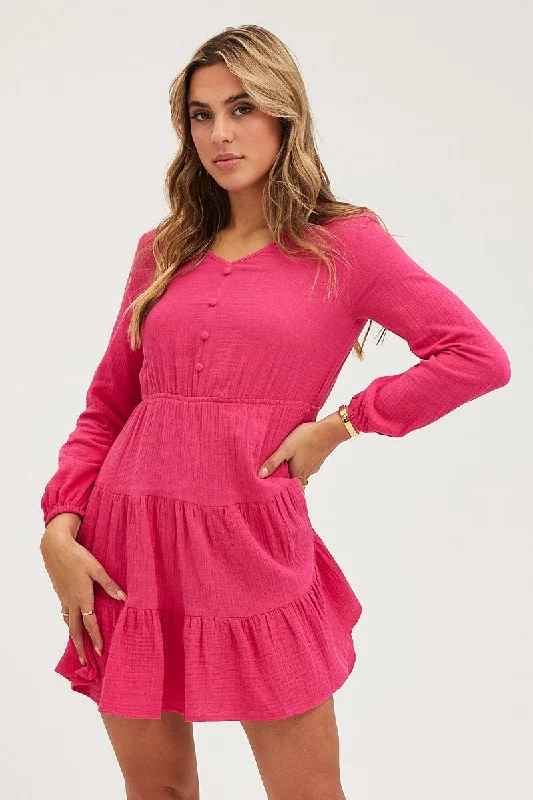 Platinum Suede Warm Weather Mini Dresses -Pink Skater Dress Long Sleeve Mini