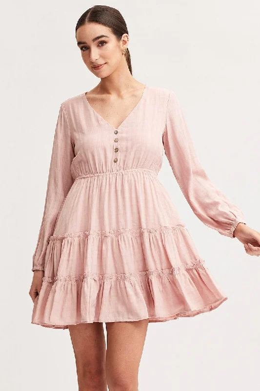 Peach Half Sleeve Seaside Mini Dresses -Pink Skater Dress Long Sleeve Mini