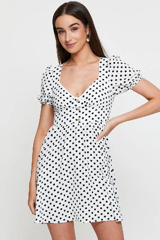 Bargain Mini Dresses -Polka Dot Mini Dress Short Sleeve Sweetheart Neckline