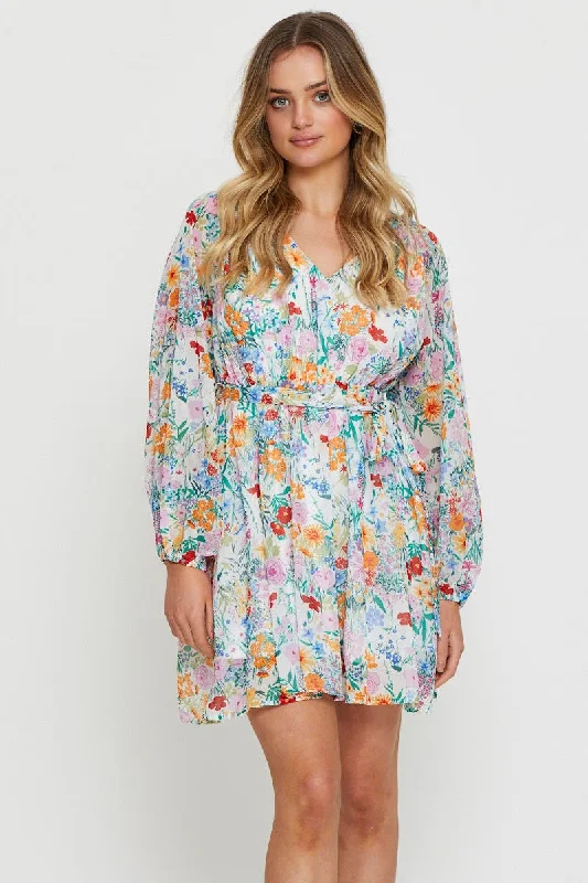 Romantic Mini Dresses -Print Mini Dress Long Sleeve