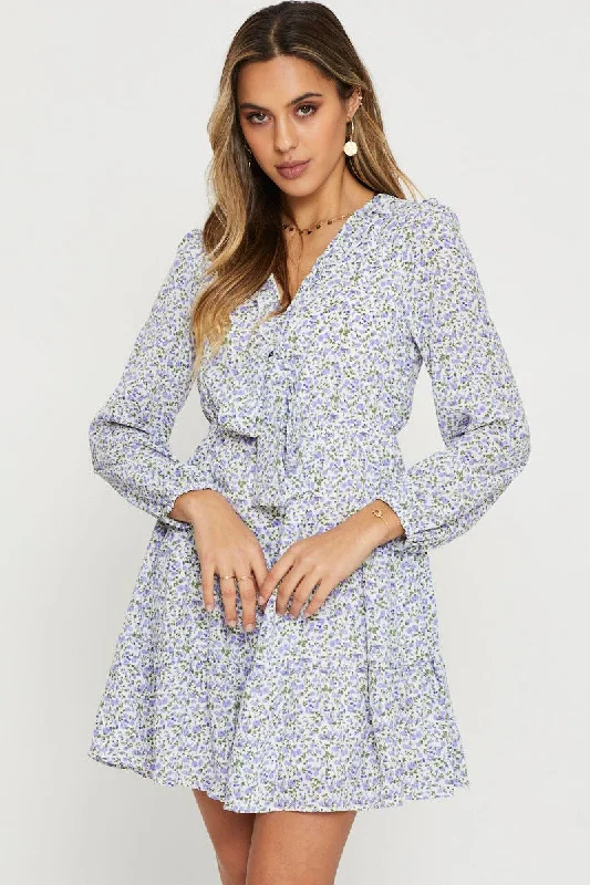 Relaxed Emerald Mini Dresses -Print Mini Dress Long Sleeve