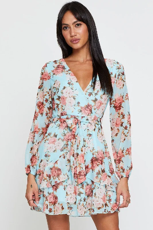 Rose Premium Mini Dresses -Print Mini Dress Long Sleeve V Neck