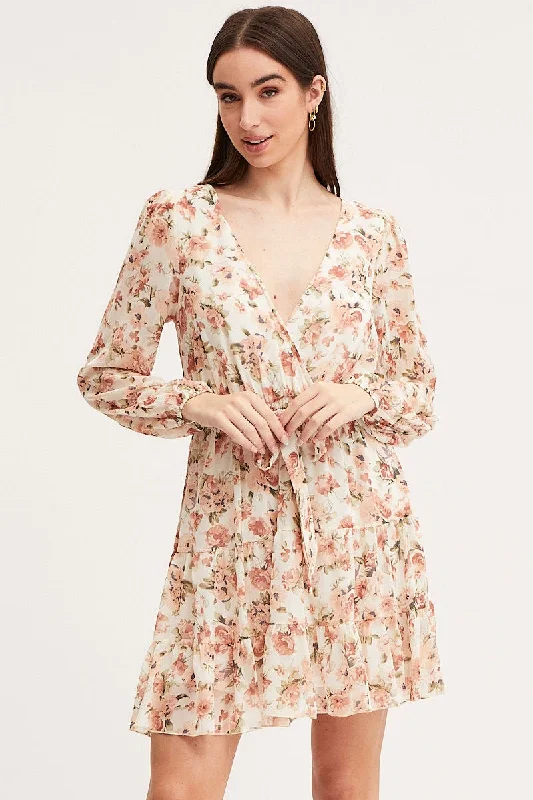 Bare Shoulder Mini Dresses -Print Mini Dress Long Sleeve V Neck