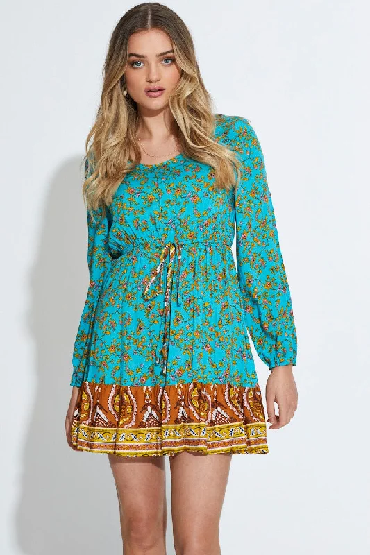 Indigo Ladies Mini Dresses -Print Mini Dress Long Sleeve V Neck