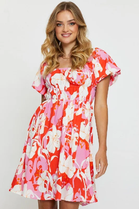 Bargain Mini Dresses -Print Mini Dress Short Sleeve