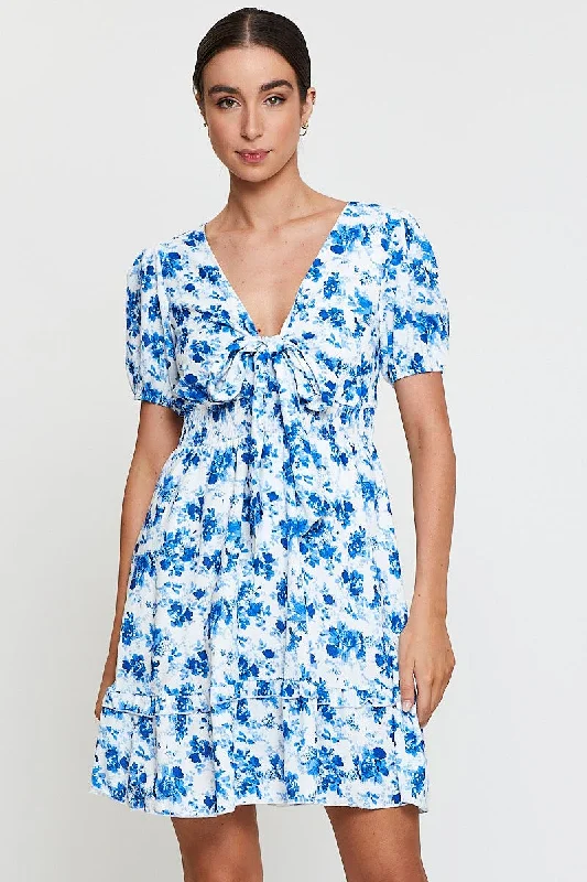 Curvy Warm Weather Mini Dresses -Print Mini Dress Short Sleeve V Neck Tie