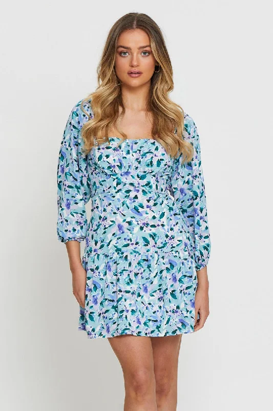 Smock Taupe Mini Dresses -Print Mini Dress Square Neck