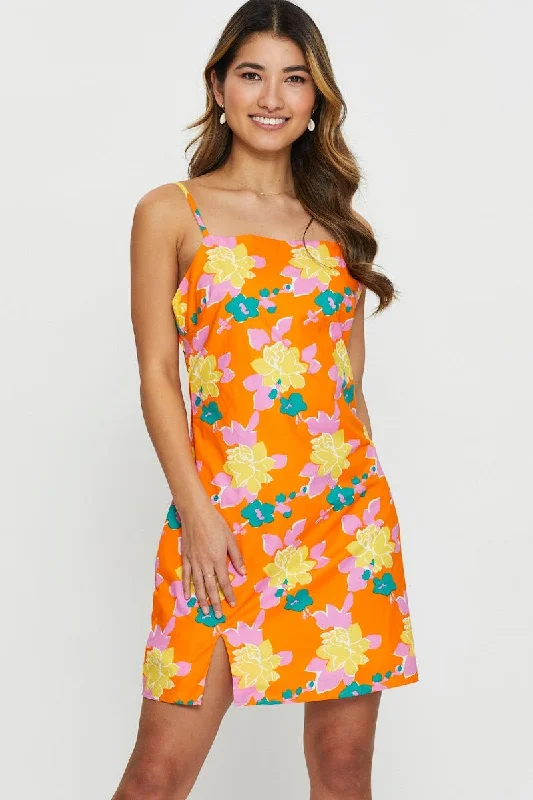 Peach Sleek Mini Dresses -Print Mini Dress Square Neck