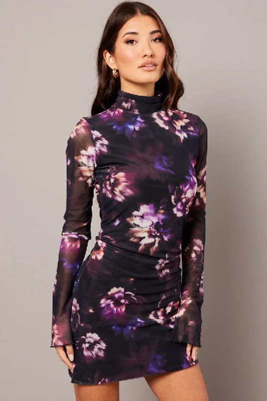 Lilac Chevron Mini Dresses -Purple Abstract Bodycon Dress High Neck Mini Long Sleeve