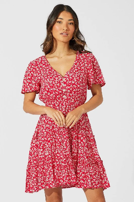 Gathered Ebony Mini Dresses -Red Ditsy Fit And Flare Dress V-neck Mini