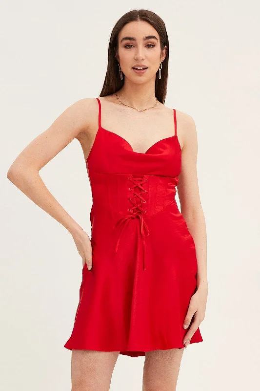 Platinum Frilled Warm Weather Mini Dresses -Red Mini Dress Sleeveless Cowl Neck Corset Waist Satin