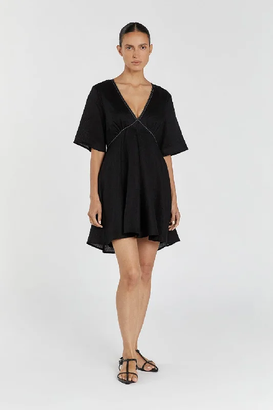 Emerald Contemporary Mini Dresses -RHODES BLACK LINEN MINI DRESS