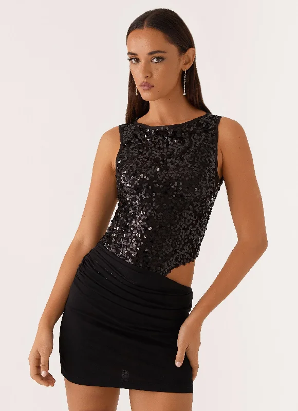 Bare Shoulder Lilac Mini Dresses -Superstition Sequin Mini Dress - Black