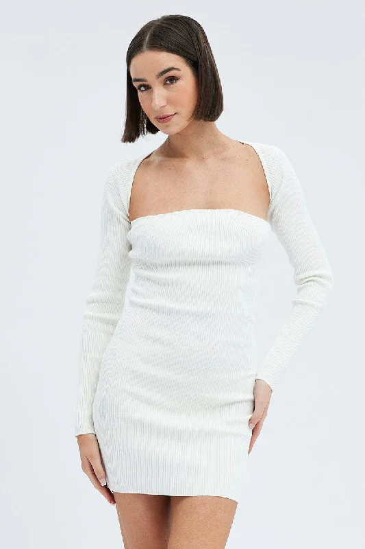 Flirty Mini Dresses -White Dress & Shrug Set Long Sleeve Strapless Mini Knit