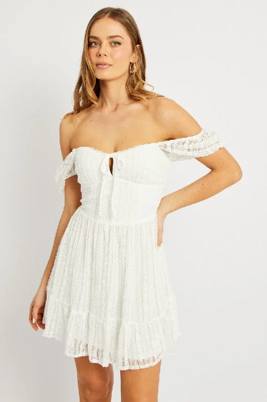 Linen Ivory Mini Dresses -White Fit And Flare Dress Mini Lace