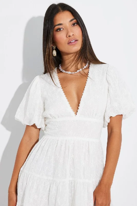 Nostalgic PVC Flirty Mini Dresses -White Fit And Flare Dress Puff Sleeve Mini