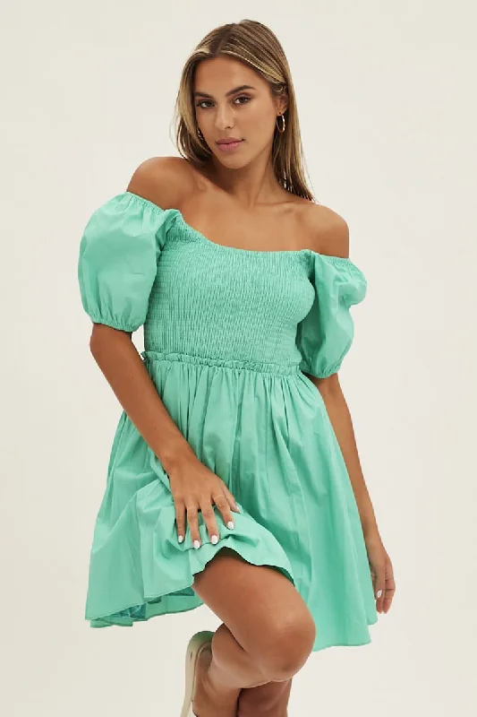 Warm Weather Mini Dresses -White Fit And Flare Dress Puff Sleeve Mini Poplin