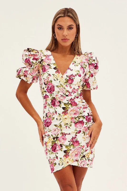 Amethyst Deep V Seaside Mini Dresses -White Floral Mini Dress Puff Sleeve V-Neck