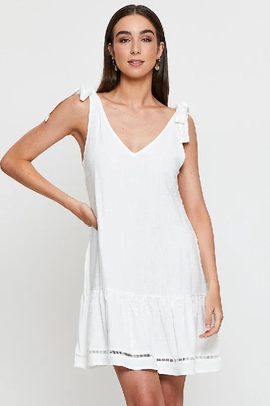 No Sleeve Mini Dresses -White Mini Dress V Neck