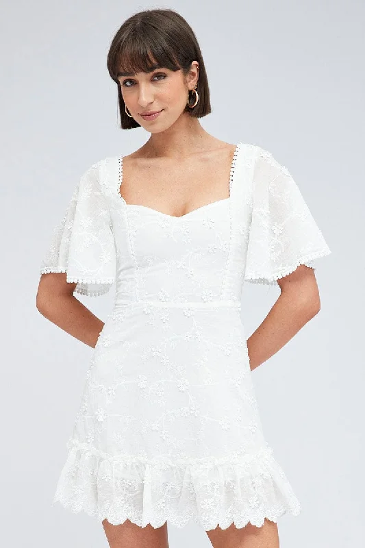 Blooming Mini Dresses -White Mini Dress Wing Sleeve Cotton Lace