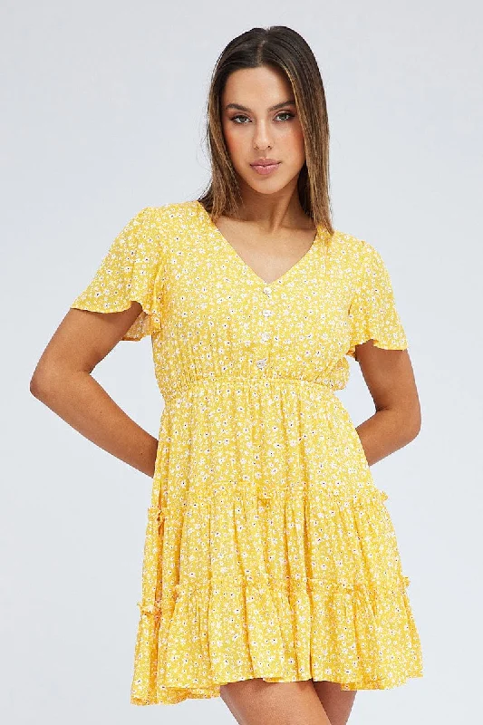 Contemporary Mini Dresses -Yellow Ditsy Fit And Flare Dress Short Sleeve Mini